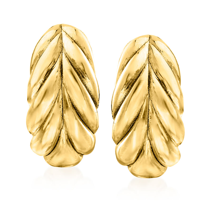Gold-tone leaf earrings with textured teardrop shape, front view of pair