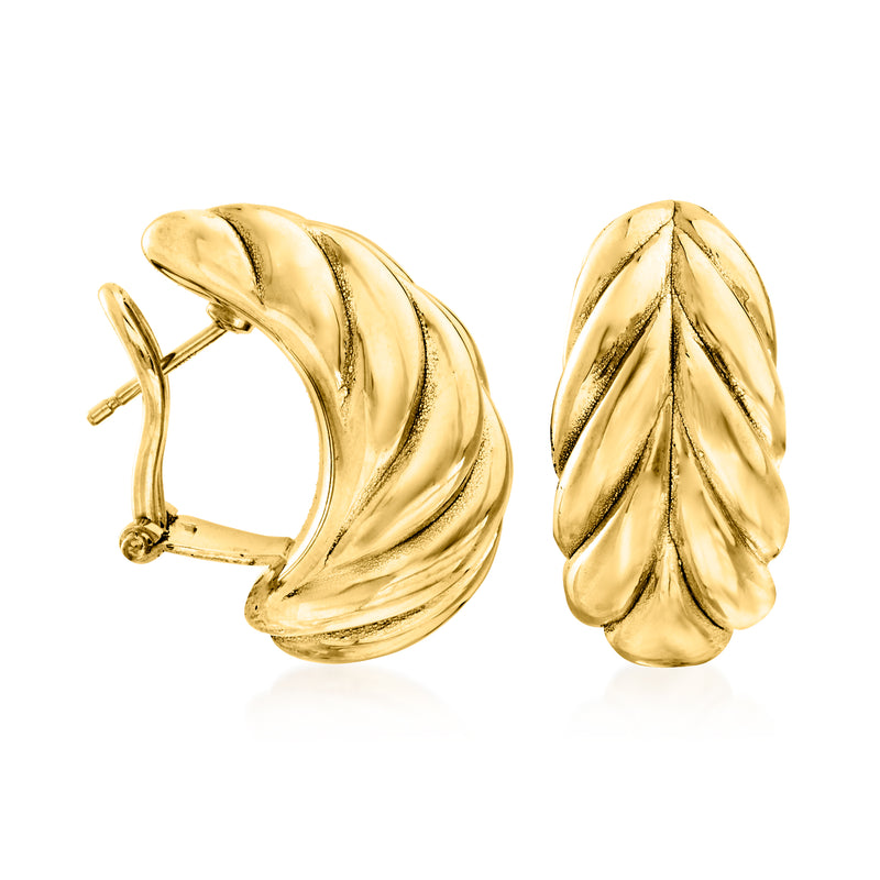 Gold-tone leaf earrings with post backs, angled view of pair