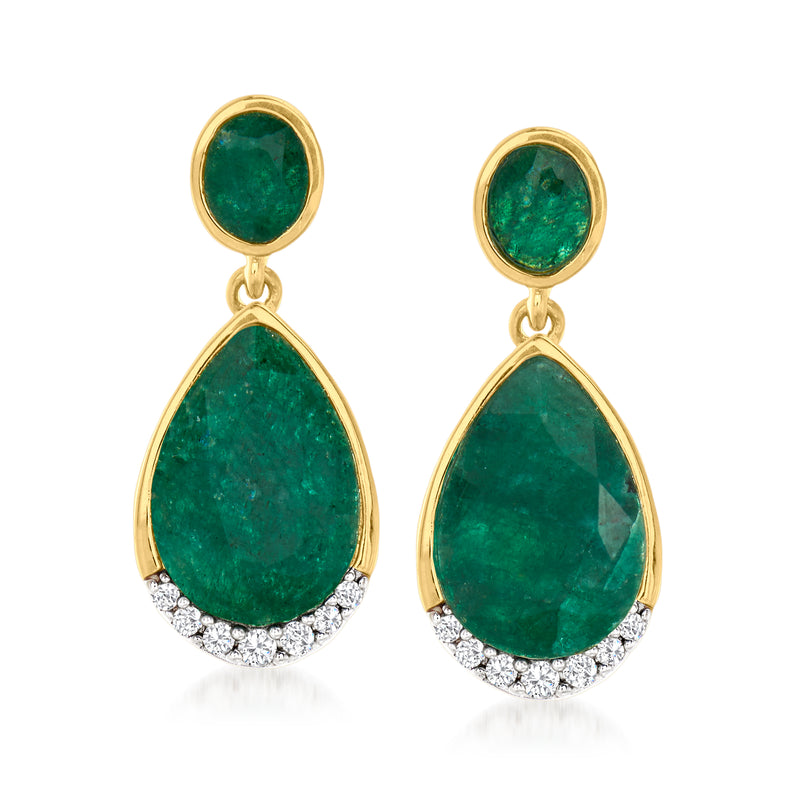 Gold drop earrings with emerald-green teardrop stones and diamond halo accents