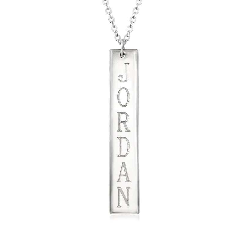 Sterling silver personalized vertical bar necklace with vertical JORDAN letter engraving