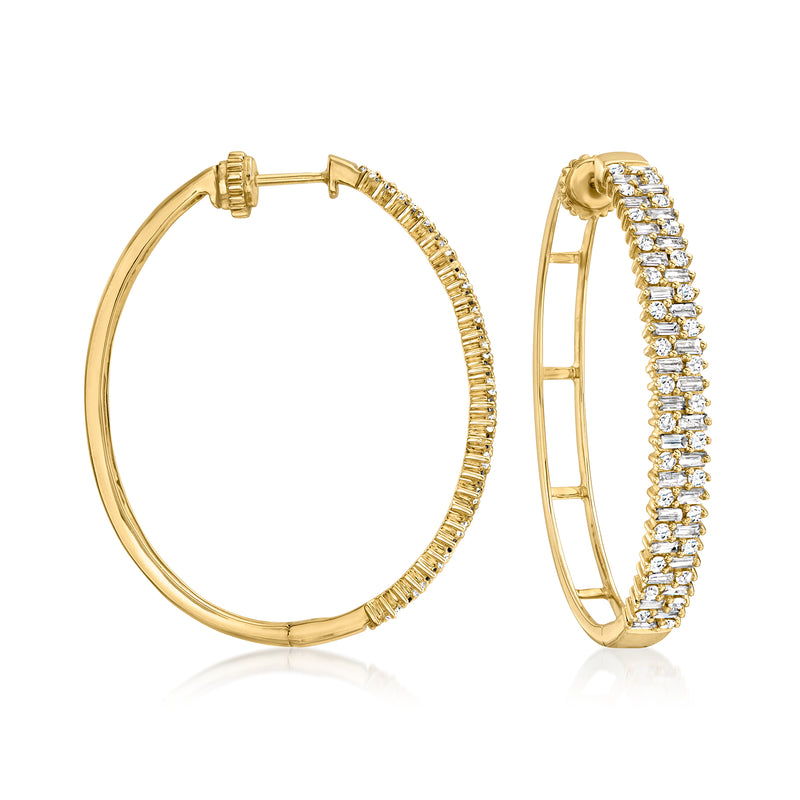 Oval hoop earrings in 14kt yellow gold with baguette and round diamonds