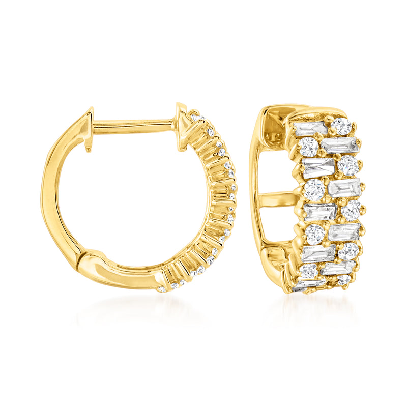 14kt yellow gold hoop earrings with baguette and round diamond detailing