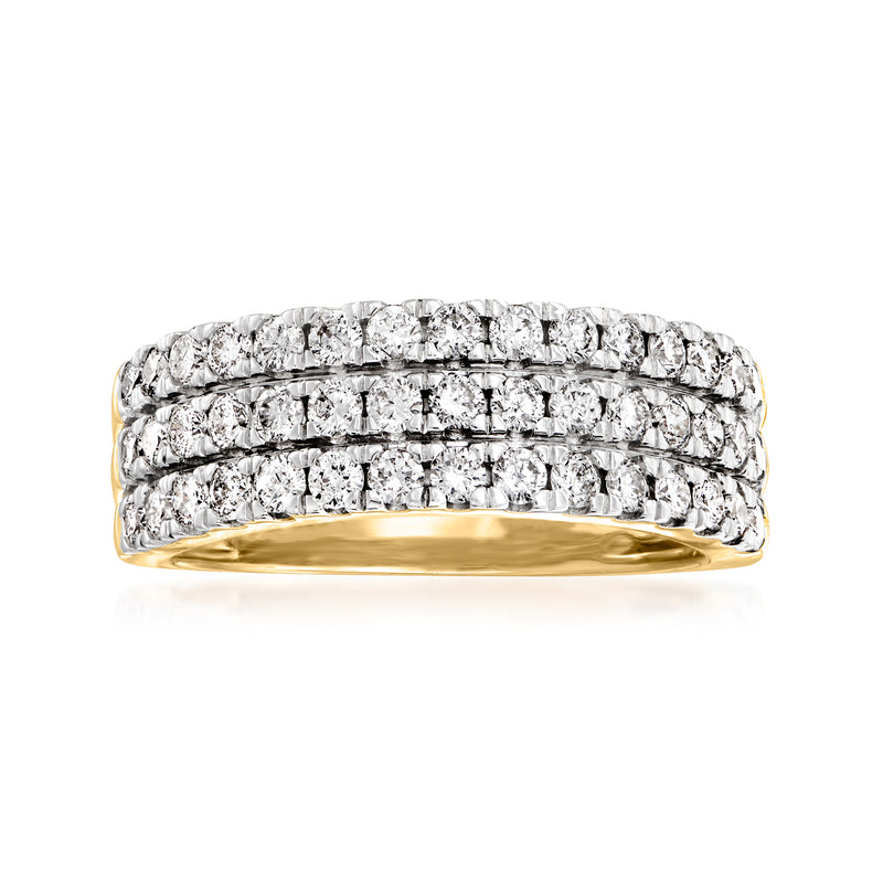 Three-row diamond band ring, 14kt yellow gold with round-cut stones