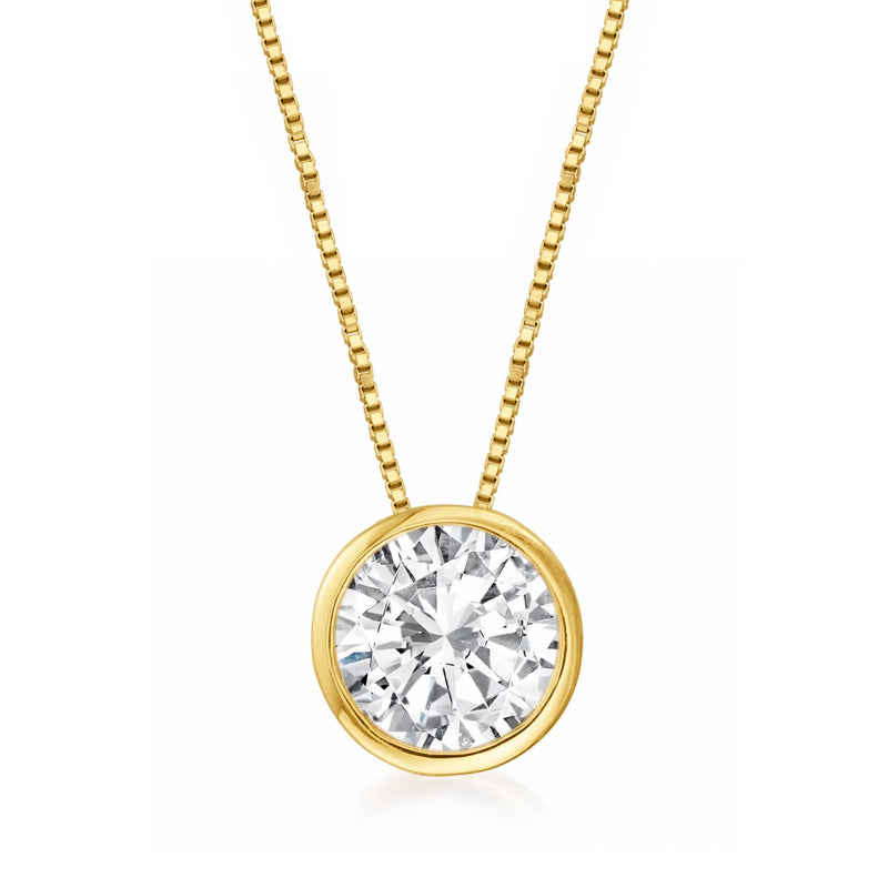 14kt yellow gold diamond solitaire necklace with round bezel-set center stone
