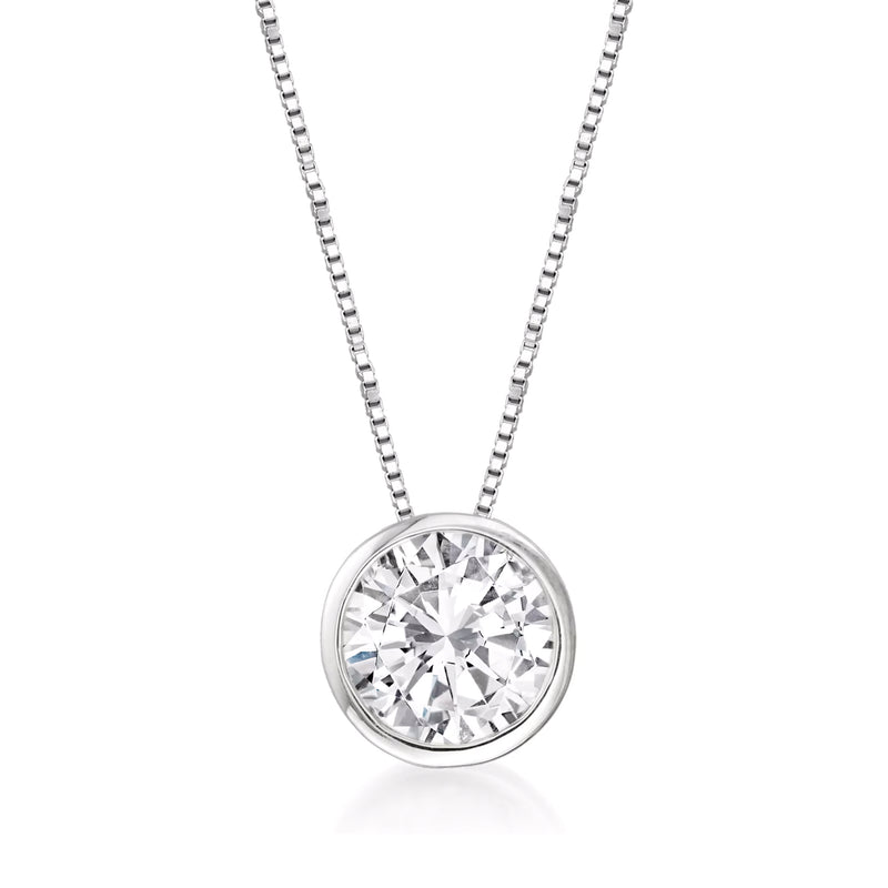14kt white gold diamond solitaire bezel pendant necklace with round brilliant center