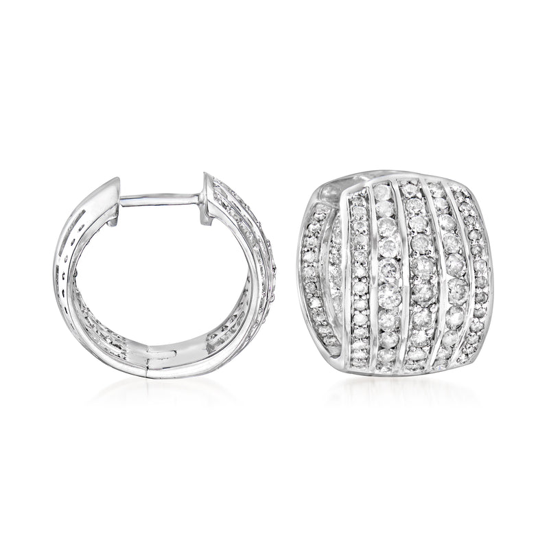Sterling silver diamond multi-row hoop earrings with hinge back