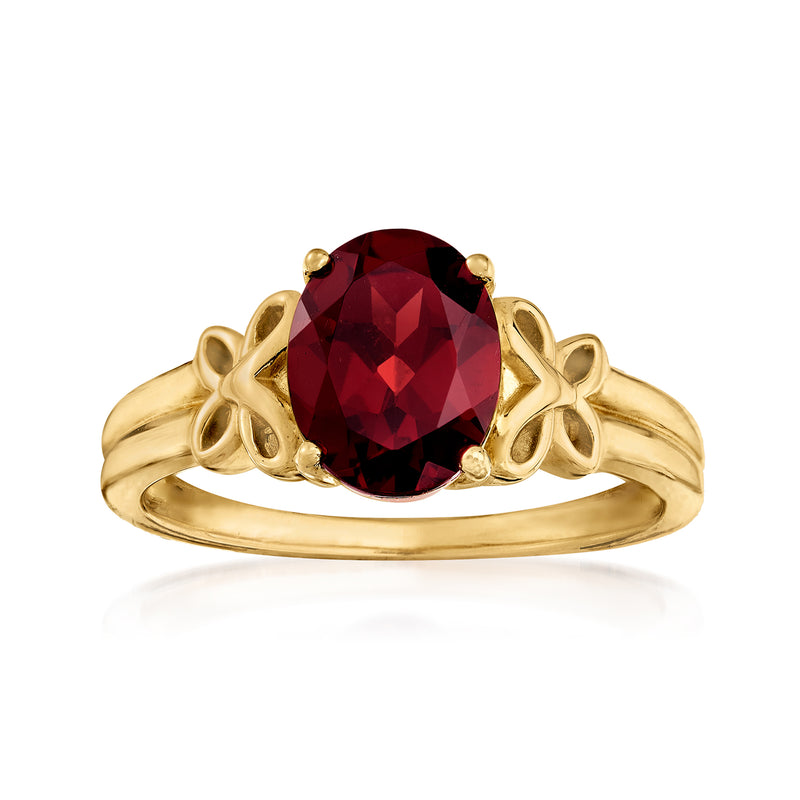 14kt yellow gold garnet butterfly ring with oval red gemstone