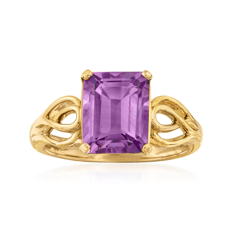 14kt yellow gold ring with large square amethyst gemstone, ornate side details
