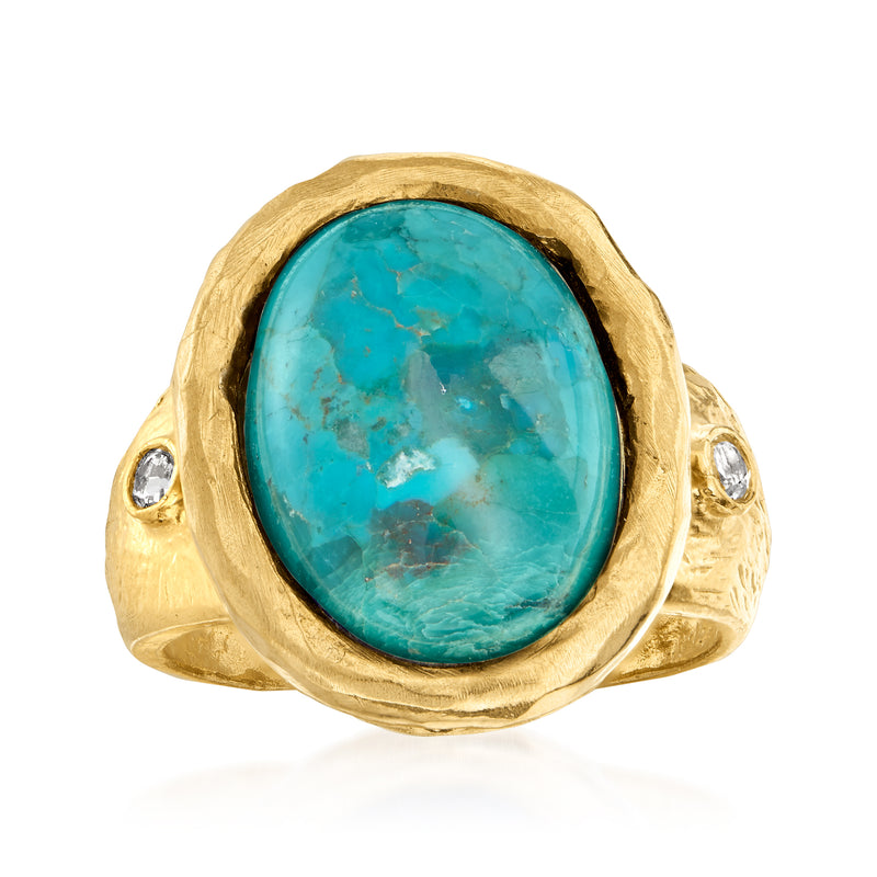 Oval turquoise gemstone ring with white topaz side stones, 18kt gold over sterling