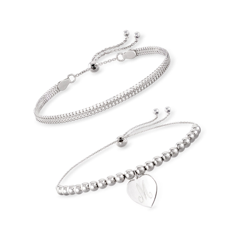 Sterling silver bolo bracelet set with beaded chain and small heart initial charm
