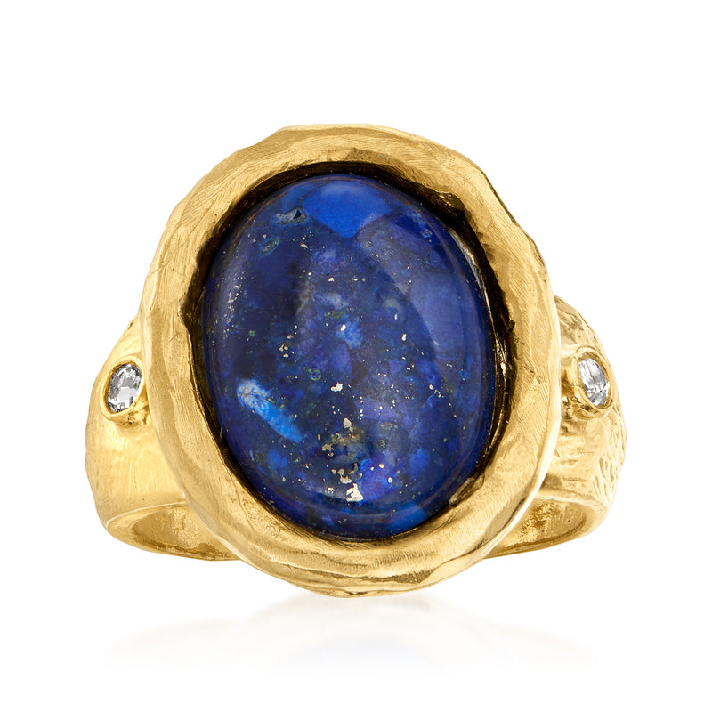 18kt gold over sterling ring with oval lapis cabochon and two white topaz side stones