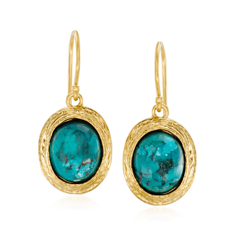 Gold drop earrings with oval turquoise stone in gold bezel, on earwire hooks