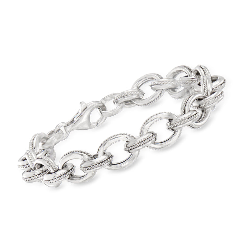 Sterling silver roped link bracelet with polished oval chain links