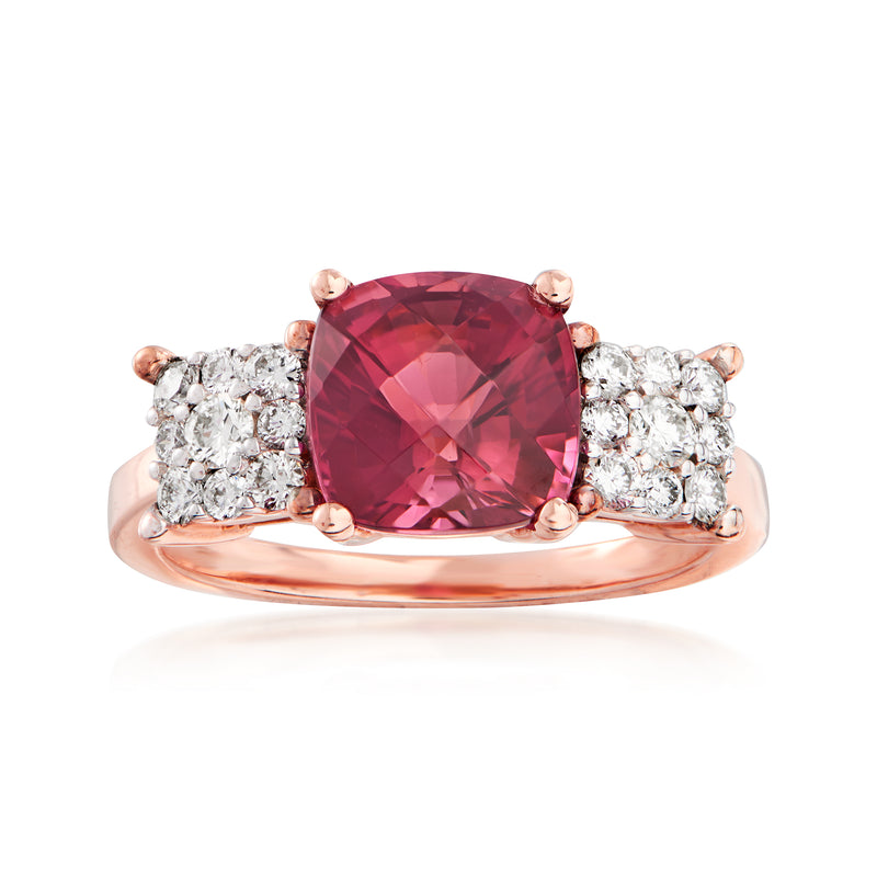 14kt rose gold ring with large pink cushion tourmaline and diamond side stones