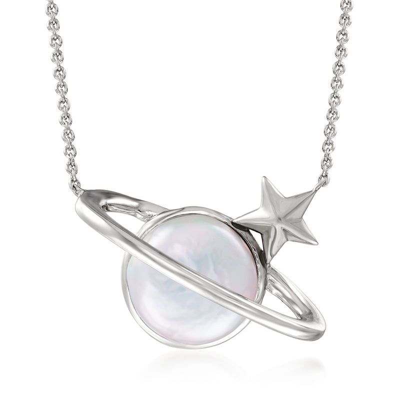 Sterling silver necklace with iridescent coin-pearl planet pendant and star charm