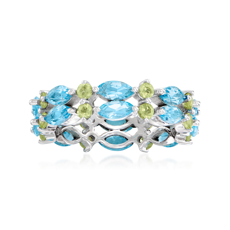Sterling silver eternity ring with blue topaz and peridot accents, oval gemstones