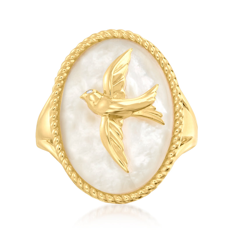 Gold over sterling ring with oval mother-of-pearl and raised dove motif