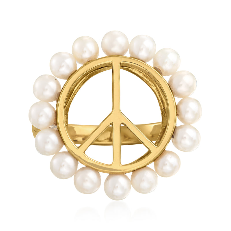 18kt gold over sterling peace sign ring with cultured pearls around the band