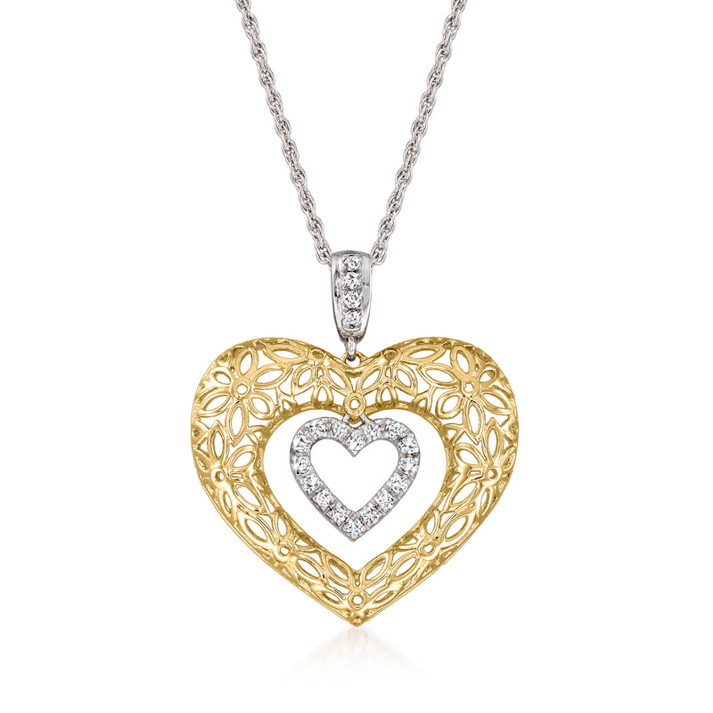 Two-tone heart pendant necklace with diamond filigree, sterling silver and 18kt gold over silver