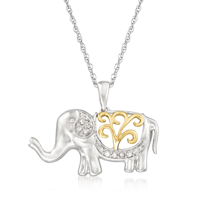 Sterling silver elephant pendant necklace with openwork gold accents and round diamond eyes