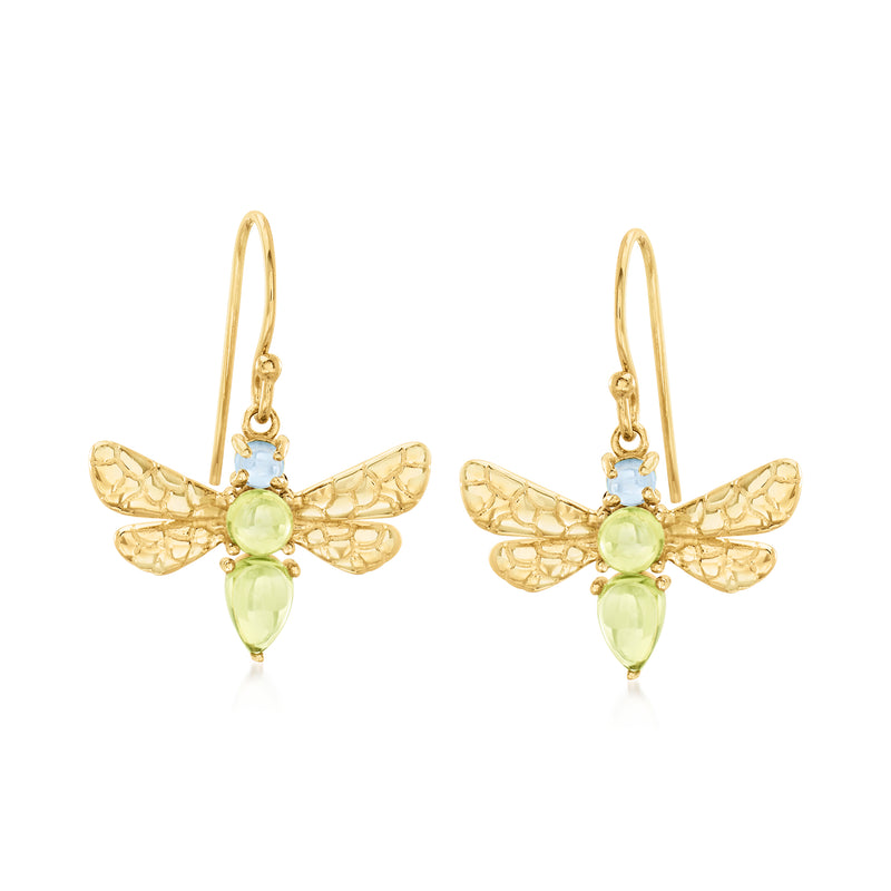 Gold dragonfly drop earrings with green peridot and blue topaz stones