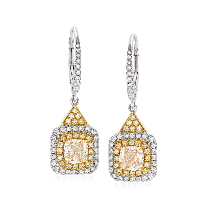 Two-tone gold diamond drop earrings with yellow halo and leverback clasp.