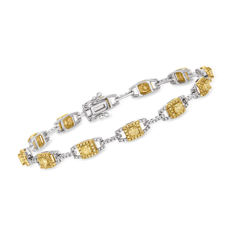 Two-tone gold diamond link bracelet with square yellow and white stones, hinged clasp.