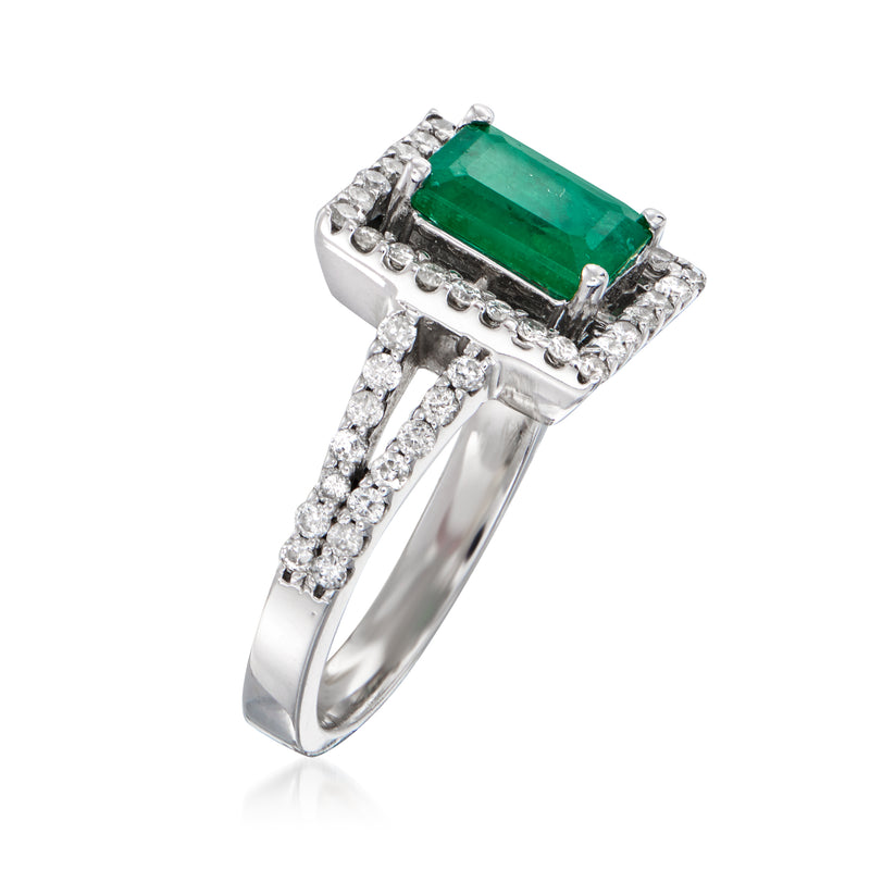 Emerald-cut green gemstone ring with square diamond halo, 14kt white gold