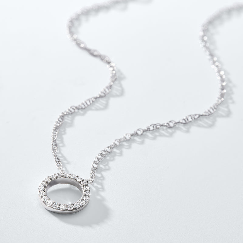 Sterling silver diamond eternity circle necklace, round pendant on chain