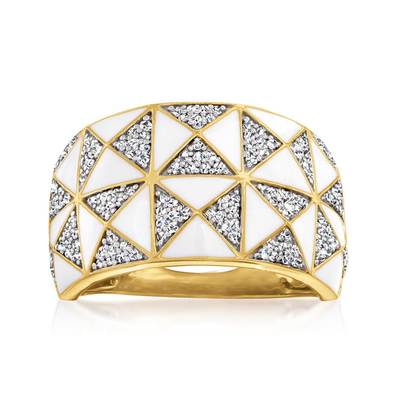 Geometric diamond ring with 18kt gold over sterling and white enamel lattice