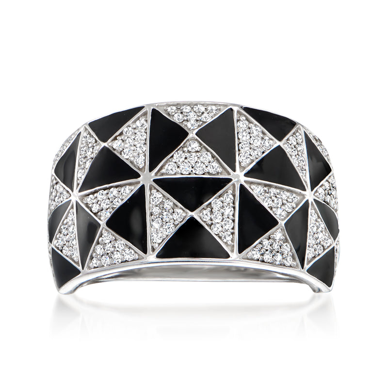 Sterling silver geometric ring with black enamel and diamond-like stones