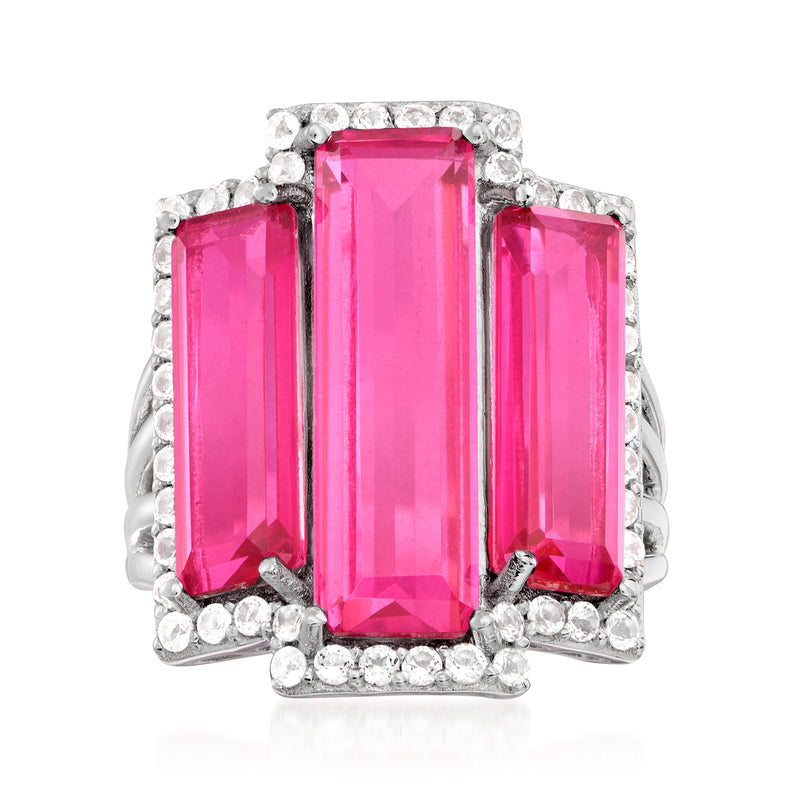Sterling silver ring with three-prong set pink and white topaz gemstones, side baguettes