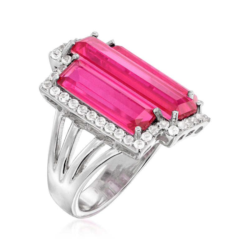 Sterling silver ring with two rectangular pink topaz stones and white accents