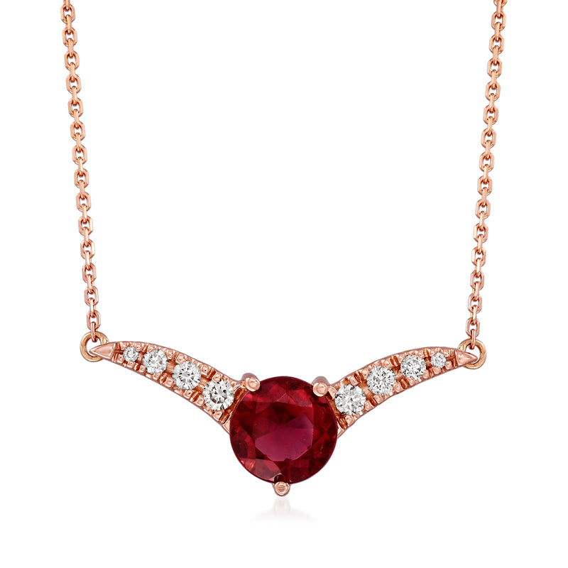 V-shaped rose gold necklace with oval pink tourmaline center and diamond accents