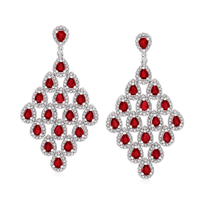 White gold ruby and diamond drop earrings with cluster red teardrop stones