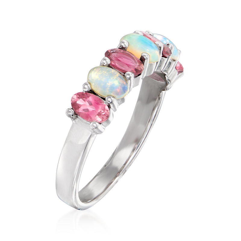 Sterling silver gemstone ring, oval opal center and pink side stones in prong settings