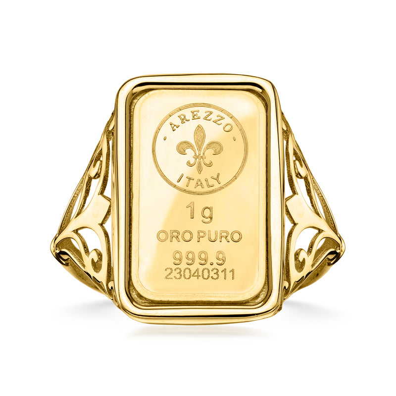 Yellow gold ingot-style ring with fleur-de-lis engraving and openwork band