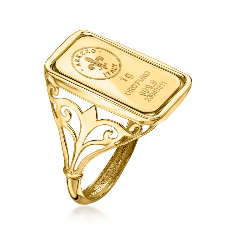 Yellow gold ingot ring with rectangular side view and filigree scrollwork