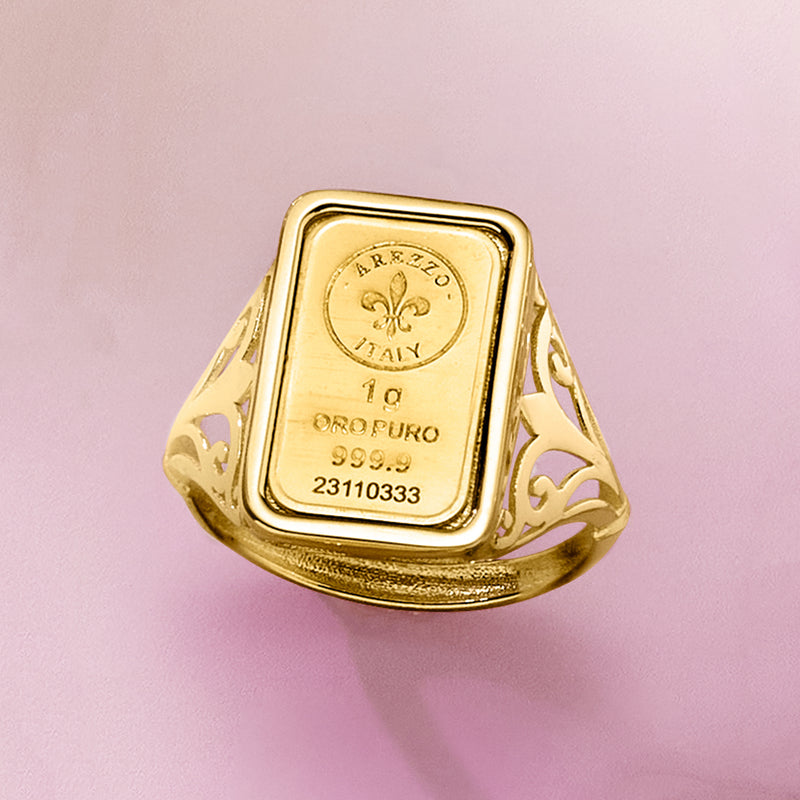 Yellow gold ring with square inset ingot and fleur-de-lis emblem on top