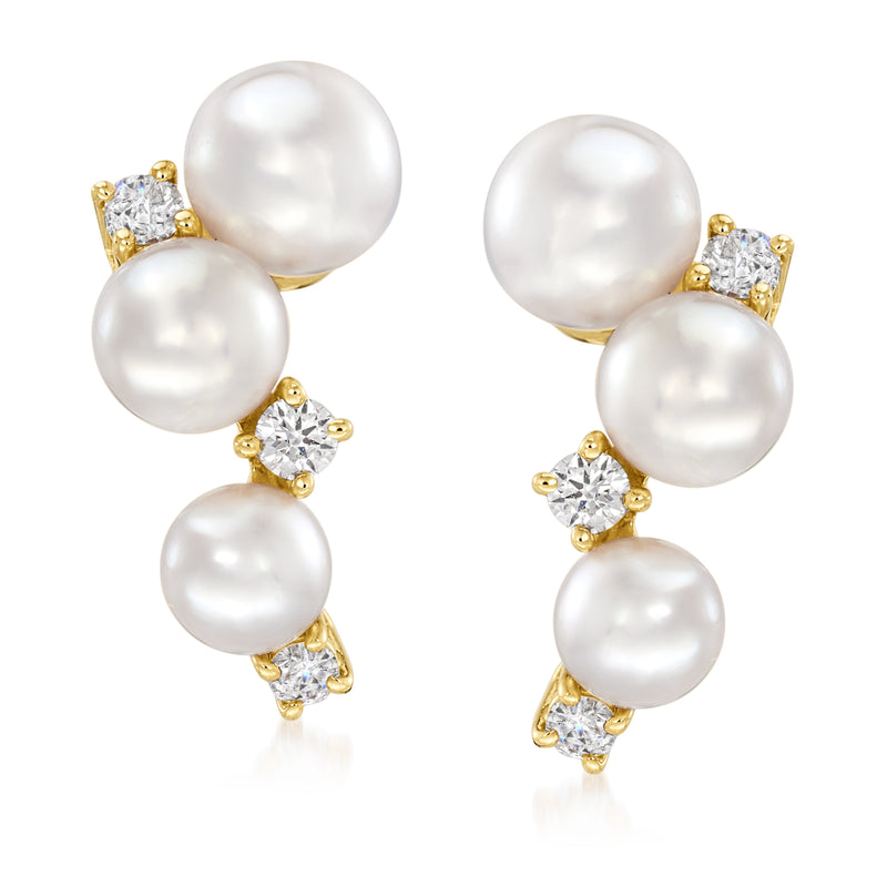 18kt yellow gold pearl and diamond-accent post earrings with three round pearls