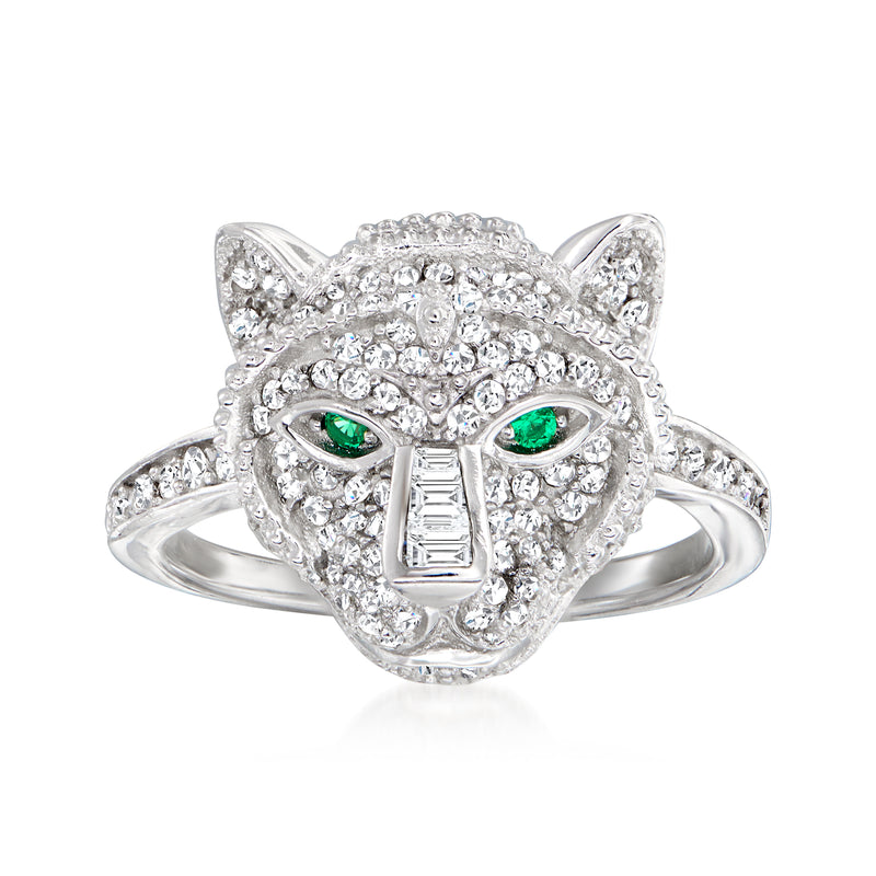 Sterling silver tiger ring with clear CZ stones and green simulated emerald accents