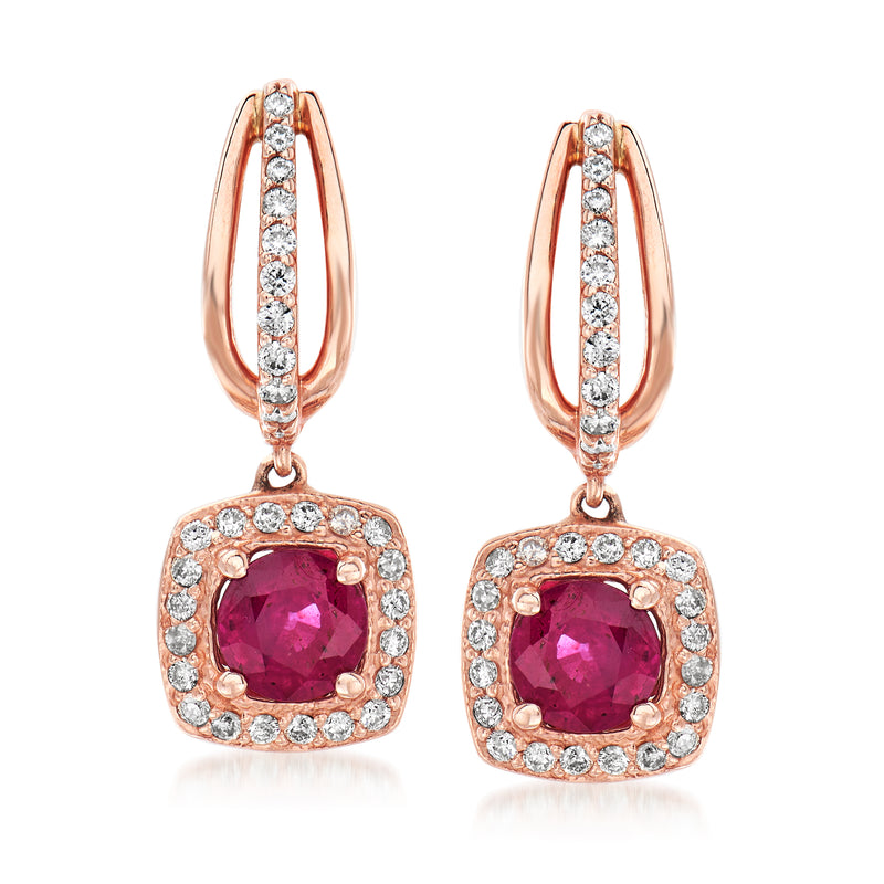 Rose gold hoop drop earrings with purple gemstone square halo and diamond accents