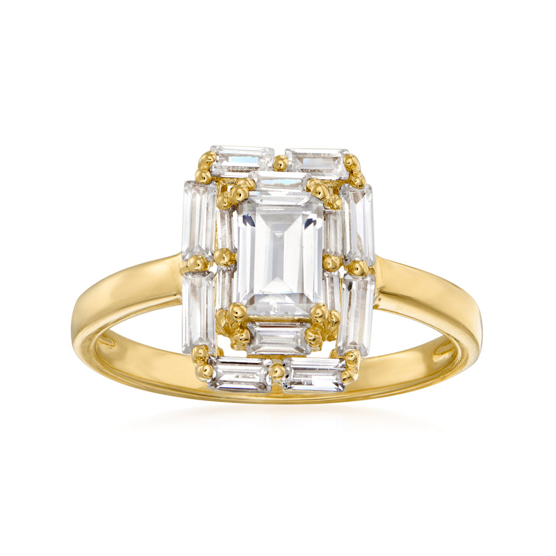 18kt gold over sterling halo ring with rectangular CZ center and baguette stones