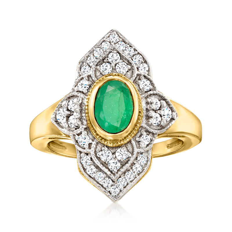 Gold oval ring with emerald-green center zircon, white stone halo