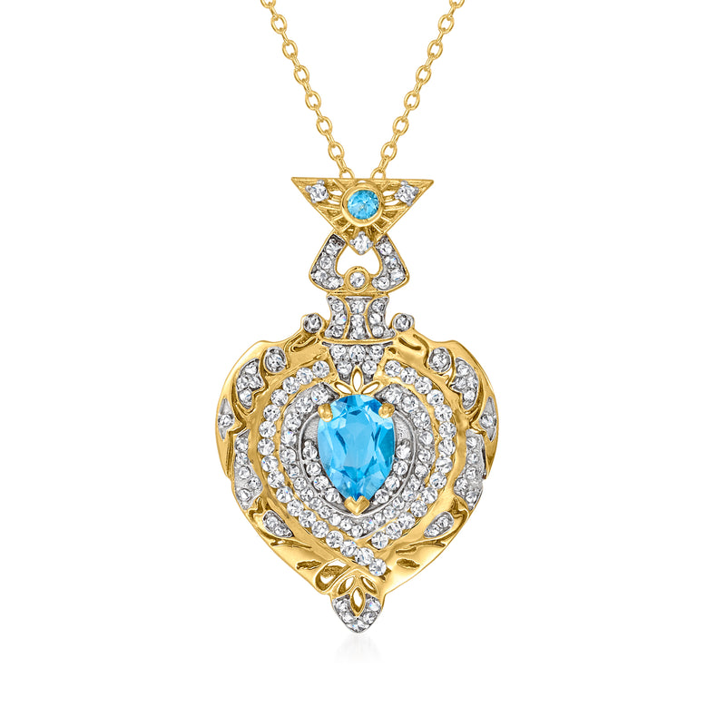 Gold-tone heart pendant necklace with blue and clear stones and matching chain