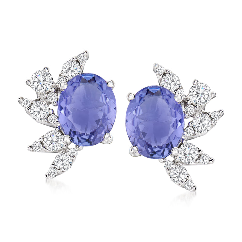 Floral tanzanite and diamond stud earrings in white gold, oval blue stones with sparkly petals
