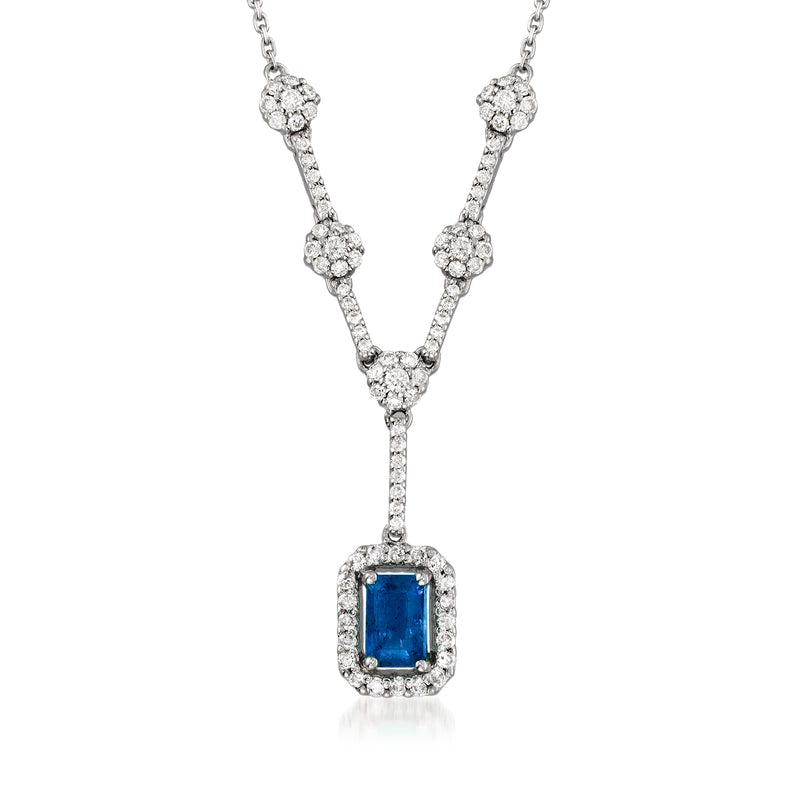 Diamond Y-necklace with square blue sapphire pendant on white gold chain