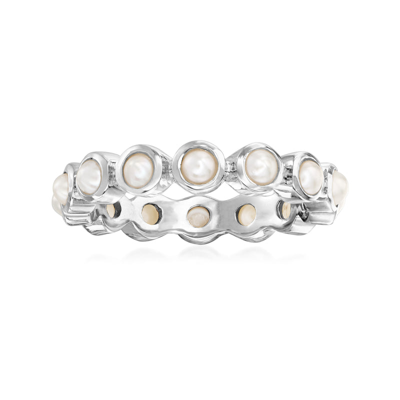 Sterling silver eternity ring with round cultured pearls in bezel settings
