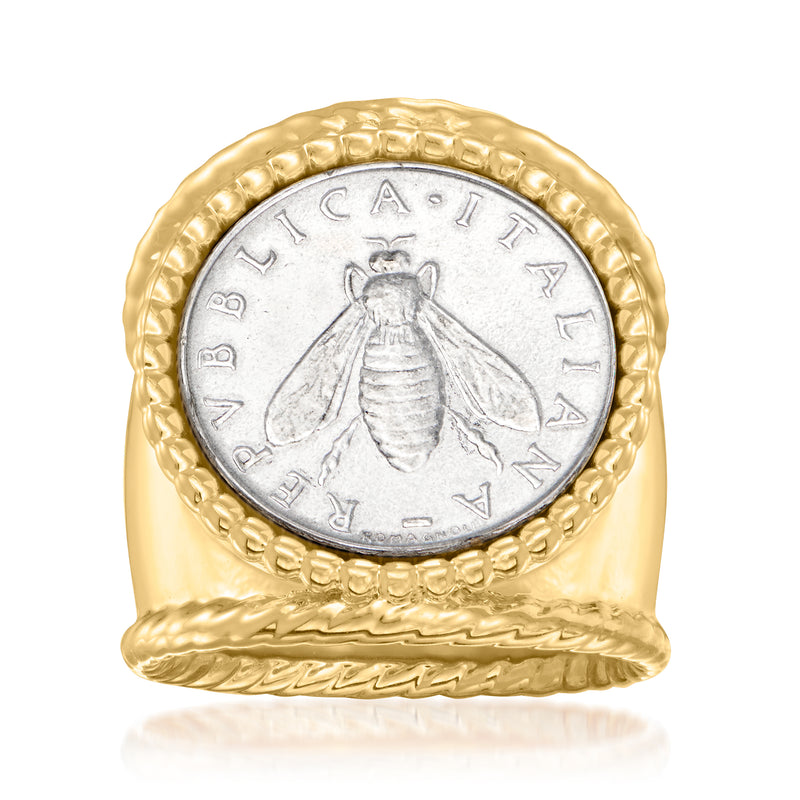Italian Andiamo 14kt yellow gold over resin coin ring with bee lira design
