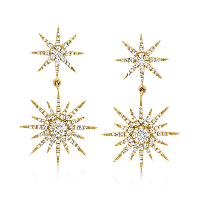 14kt yellow gold diamond starburst drop earrings with two hanging starburst stars